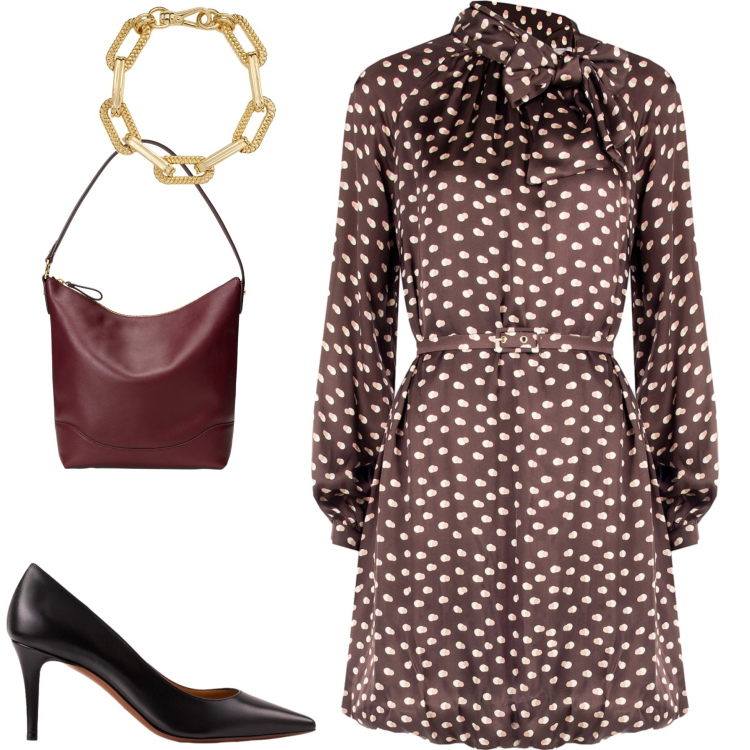 Outfit donna - City. Stile Urban per Tutti i giorni. Abbinamento con vestiti chemisier, décolleté, borse a secchiello, braccialetti.