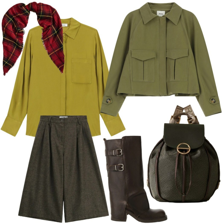 Outfit donna - Con i colori del bosco. Stile Casual chic per Tutti i giorni. Abbinamento con shorts, zaini, camicie, bomber, stivali, sciarpe.