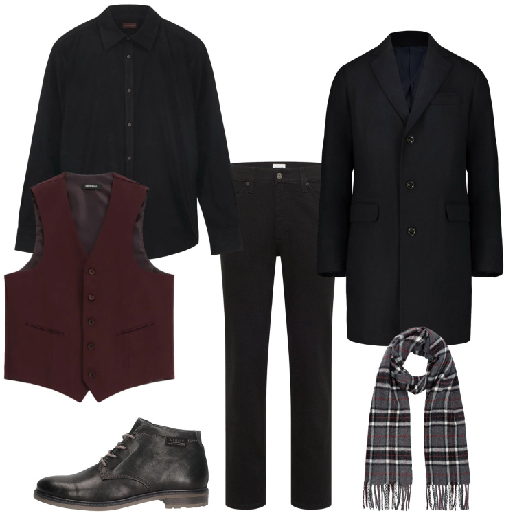 Outfit uomo - Dark style. Stile Trendy per Tutti i giorni. Abbinamento con jeans dritti, gilet, stivali e stivaletti, cappotti, camicie, sciarpe.