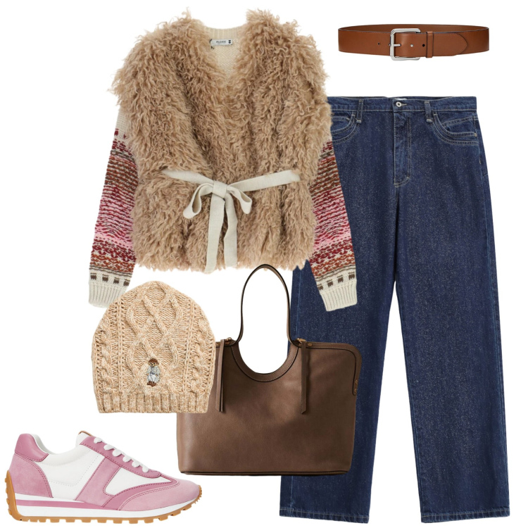 Outfit donna - City. Stile Casual chic per Tutti i giorni. Abbinamento con jeans dritti, maglieria, shopping bag, berretti, cinture, sneakers.