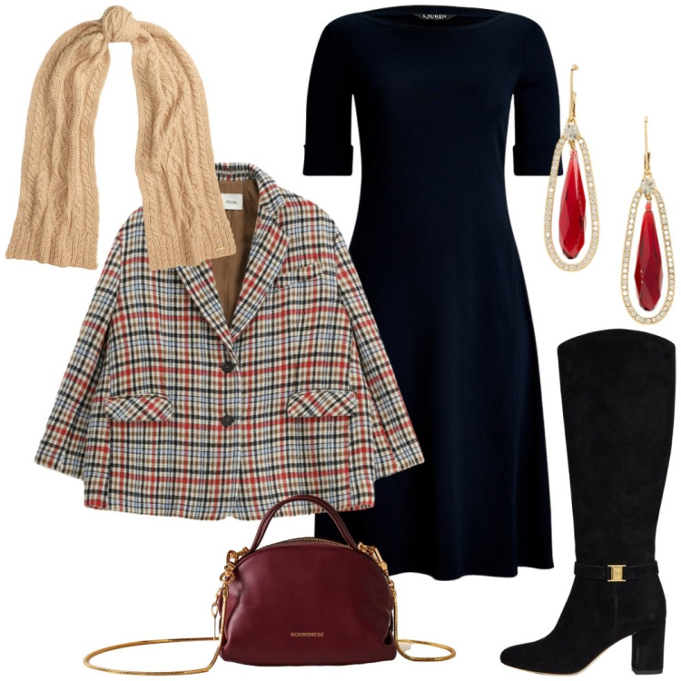 Outfit donna - Feste di dicembre. Stile Chic per Serata fuori. Abbinamento con borse a mano, blazer, stivali, vestiti, orecchini, sciarpe.