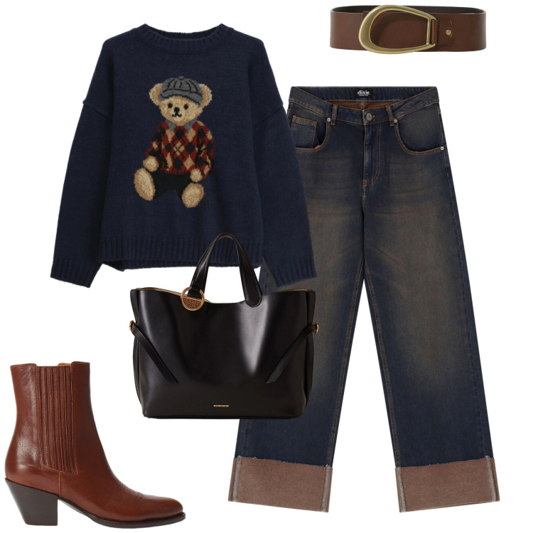 Outfit donna - City. Stile Casual chic per Tutti i giorni. Abbinamento con shopping bag, jeans, cinture, maglieria, stivaletti texani.