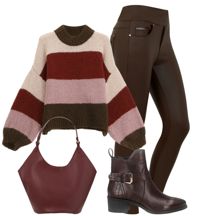 Outfit donna - Il maglione protagonista. Stile Casual chic per Tutti i giorni. Abbinamento con borse a spalla, maglieria, jeans skinny, stivaletti.