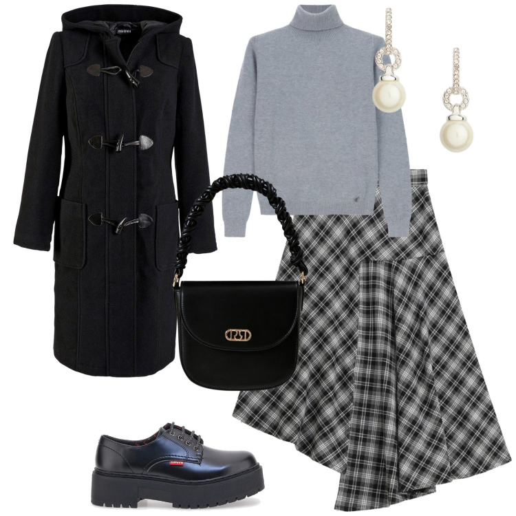 Outfit donna - English style. per Tutti i giorni. Abbinamento con montgomery, borse a mano, gonne longuette, maglieria, orecchini, francesine.