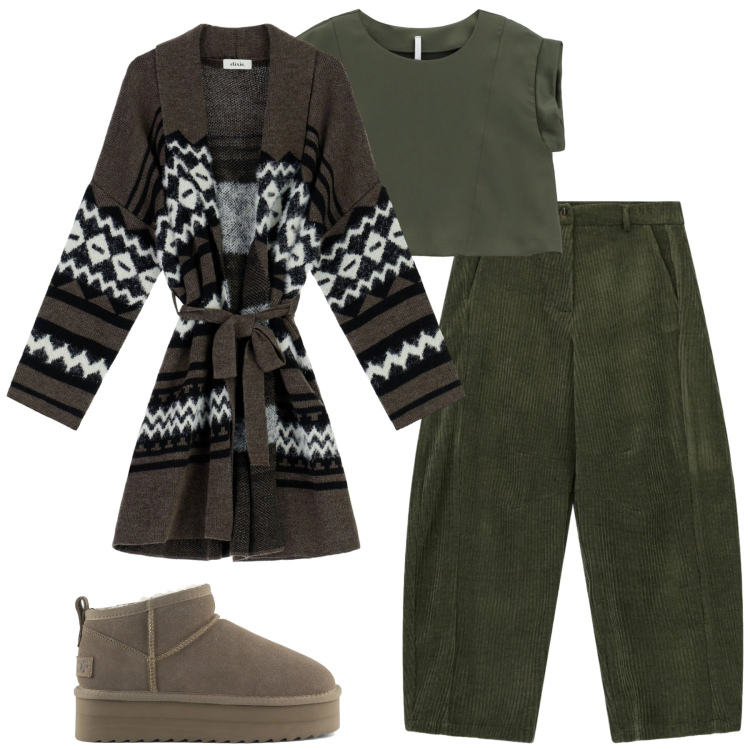 Outfit donna - Verde bosco. Stile Casual chic per Tutti i giorni. Abbinamento con bluse, pantaloni a palazzo, cappotti, stivaletti.