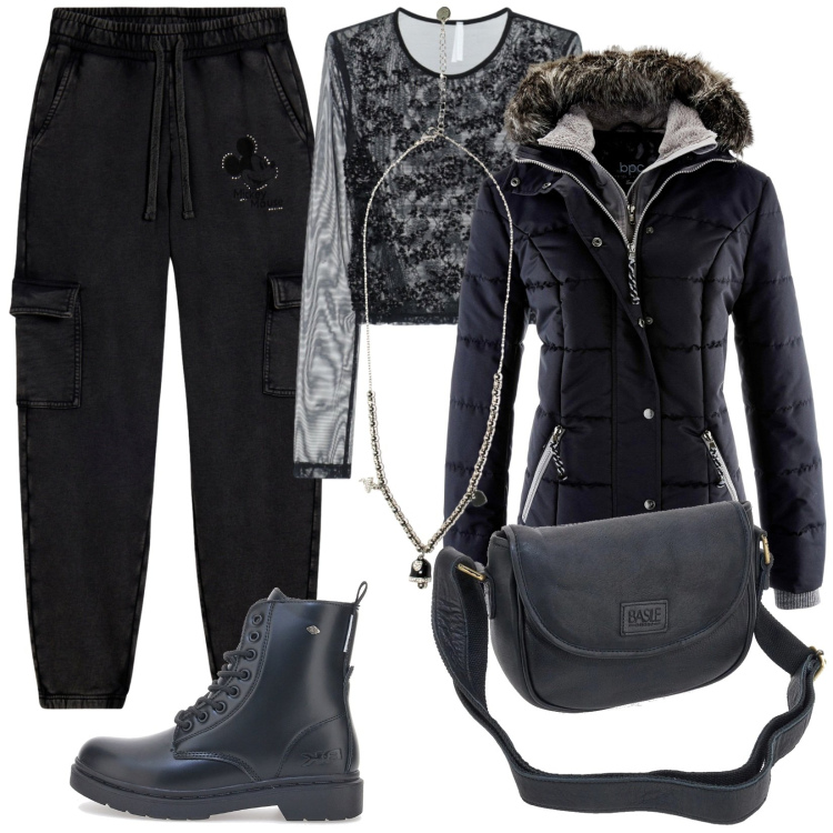 Outfit donna - Rock di sera. Stile Rock per Serata fuori. Abbinamento con piumini, bluse, pantaloni cargo, ciondoli, borse a tracolla, anfibi.