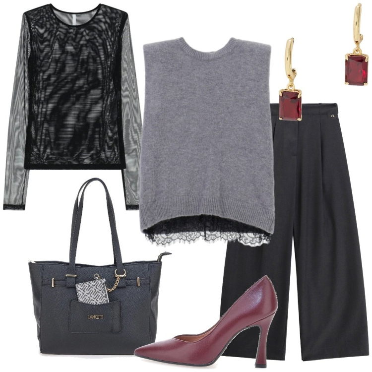 Outfit donna - Happy hour con le amiche. Stile Casual chic per Serata fuori. Abbinamento con t-shirt, maglieria, pantaloni a palazzo, orecchini, décolleté, shopping bag.