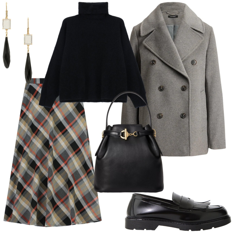 Outfit donna - Scozzese. per Tutti i giorni. Abbinamento con maglieria, gonne lunghe, mocassini, cappotti, borse a secchiello, orecchini.