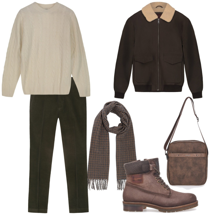 Outfit uomo - In cerca del regalo per Lei. Stile Urban per Tutti i giorni. Abbinamento con portafogli, stivali e stivaletti, sciarpe, bomber, maglieria, pantaloni.