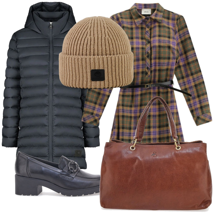 Outfit donna - Indaffarata al venerdì. Stile Casual chic per Tutti i giorni. Abbinamento con vestiti corti, berretti, piumini, mocassini, borse a tracolla.