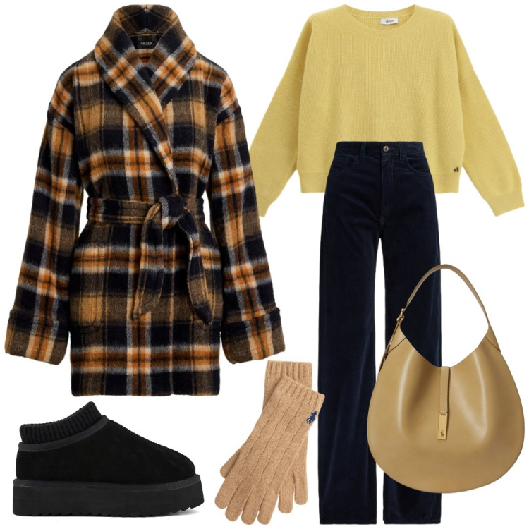 Outfit donna - Comfort style. Stile Casual chic per Tutti i giorni. Abbinamento con maglieria, guanti, pantaloni, cappotti, borse a spalla, sabot.