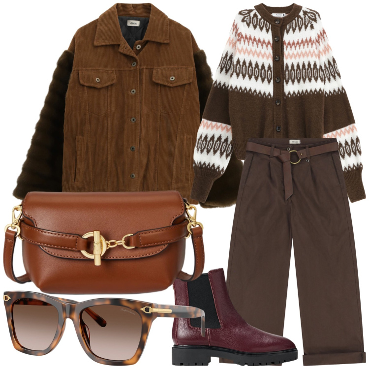 Outfit donna - Total look. Stile Sporty chic per Tutti i giorni. Abbinamento con cardigans, pantaloni, cappotti, stivaletti chelsea, occhiali da sole, borse a tracolla.