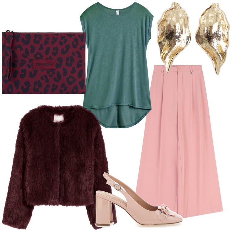 Outfit donna - Un mix per incontrarci. Stile Trendy per Serata fuori. Abbinamento con ecopellicce, maglieria, clutch, orecchini, pantaloni a palazzo, décolleté.