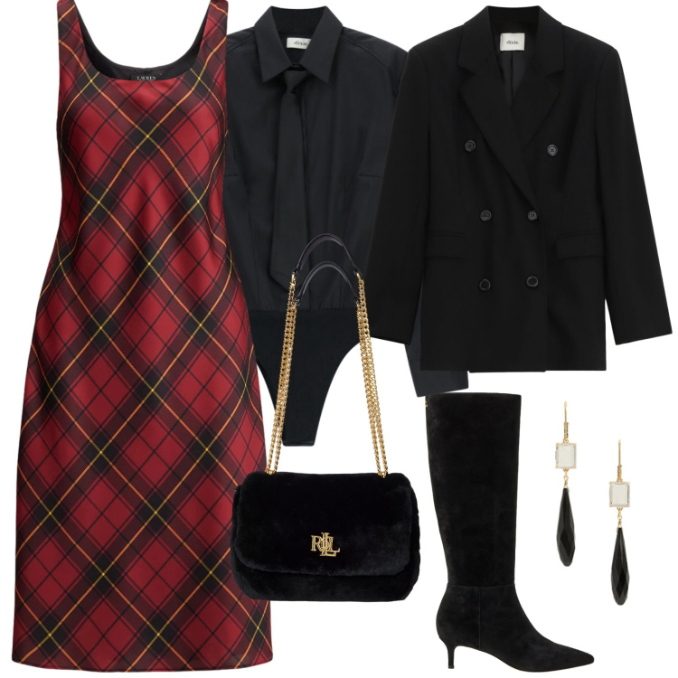 Outfit donna - Da mattina a sera. per Serata fuori. Abbinamento con camicie, blazer, stivali, vestiti senza maniche, borse a spalla, orecchini.