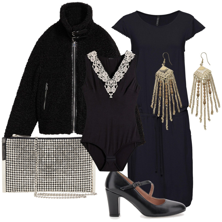 Outfit donna - Intreccio di luce. Stile Glamour per Serata fuori. Abbinamento con vestiti midi/longuette, ecopellicce, body, pochette, orecchini, décolleté.