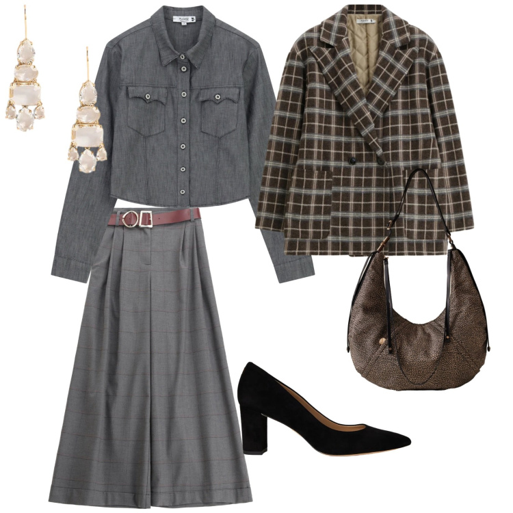 Outfit donna - Outfit leggero. per Tutti i giorni. Abbinamento con camicie, blazer, pantaloni, borse a spalla, décolleté, orecchini.