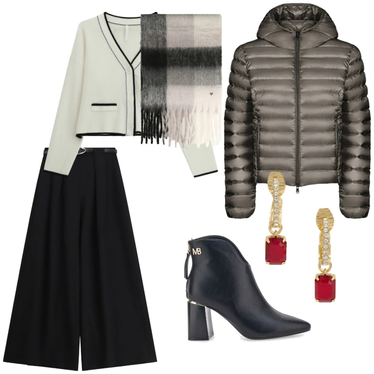 Outfit donna - Un tocco di rosso. per Tutti i giorni. Abbinamento con cardigans, pantaloni a palazzo, sciarpe, orecchini, bomber, stivaletti.