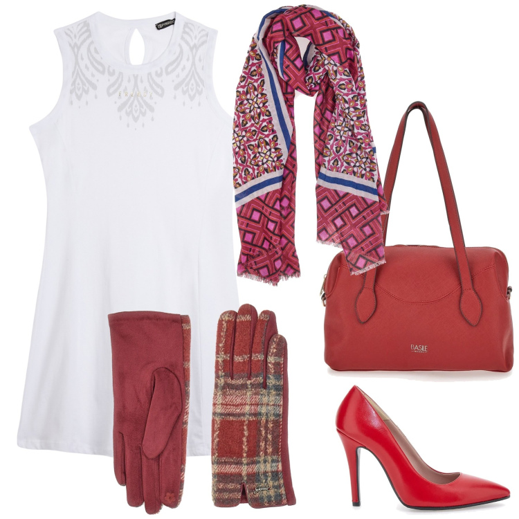 Outfit donna - Il rosso sul bianco. Stile Urban per Ufficio. Abbinamento con vestiti midi/longuette, borse a spalla, décolleté, guanti, foulard.