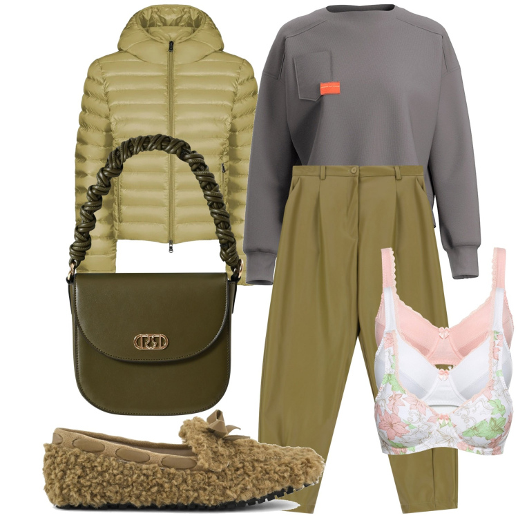 Outfit donna - Total look. Stile Casual chic per Tutti i giorni. Abbinamento con reggiseni, borse a mano, pantaloni, bomber, mocassini, felpe.