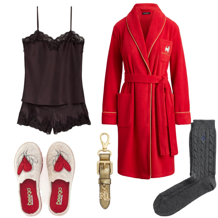 Outfit donna - Vacanze invernali. Stile Glamour per Tutti i giorni. Abbinamento con portachiavi, vestaglie, pigiama, calzini, pantofole.