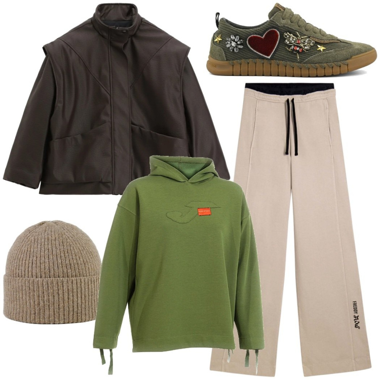 Outfit donna - Urban style. Stile Urban per Tutti i giorni. Abbinamento con blazer, pantaloni sportivi, berretti, felpe con cappuccio, sneakers.