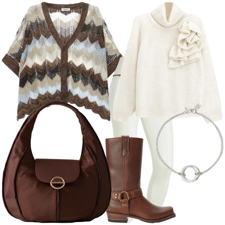 Outfit donna - Un insieme caldo. Stile Trendy per Tutti i giorni. Abbinamento con maglieria, borse a spalla, pantaloni skinny, cardigans, braccialetti, stivaletti.