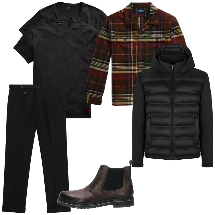 Outfit uomo - Di sera al chioccolat. per Serata speciale. Abbinamento con pantaloni, magliette intime, giacche, piumini, stivali e stivaletti.