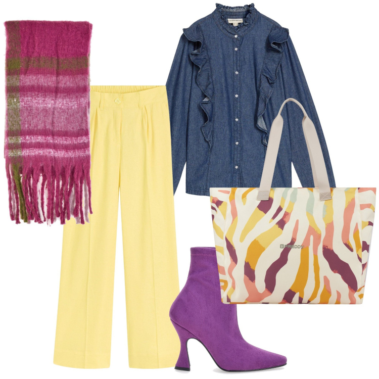 Outfit donna - Colors forever. Stile Trendy per Tutti i giorni. Abbinamento con camicie, pantaloni a palazzo, shopping bag, sciarpe, stivaletti texani.