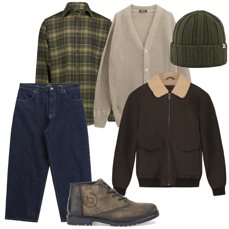 Outfit uomo - In montagna. per Tutti i giorni. Abbinamento con jeans, cardigans, cappelli, scarpe stringate, bomber, camicie.