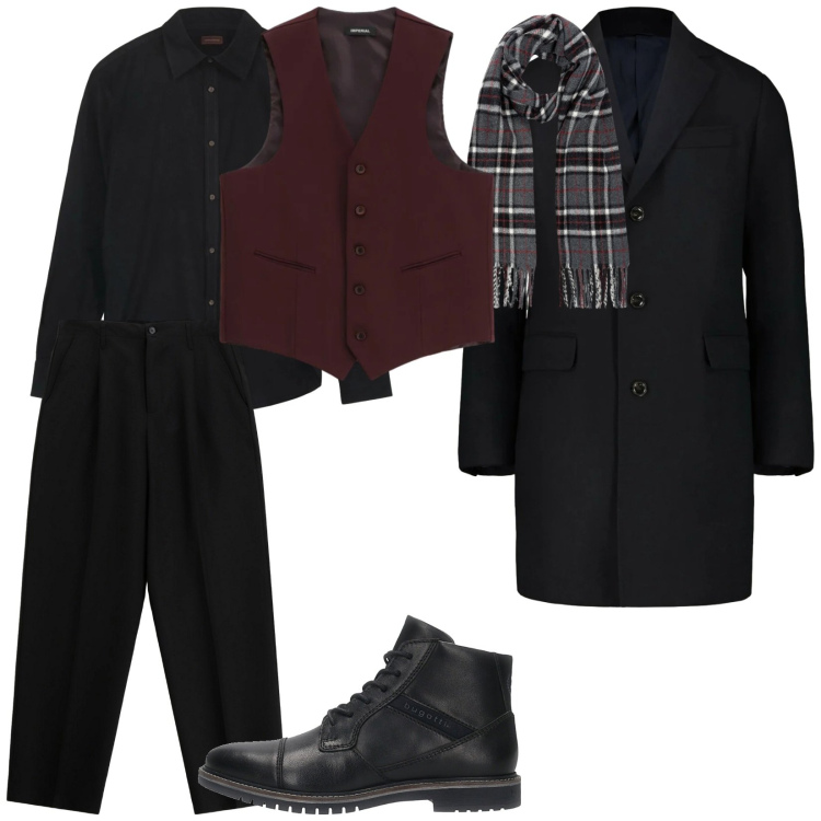 Outfit uomo - Uscita io e te. per Serata speciale. Abbinamento con pantaloni, gilet, cappotti, sciarpe, anfibi, camicie.