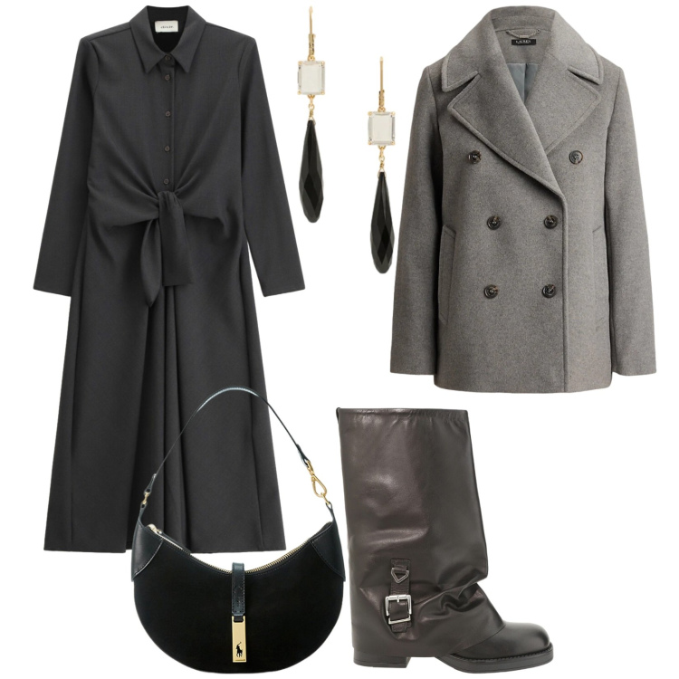 Outfit donna - Geometrie. Stile Minimal per Serata fuori. Abbinamento con stivali, vestiti midi/longuette, borse a spalla, cappotti, orecchini.