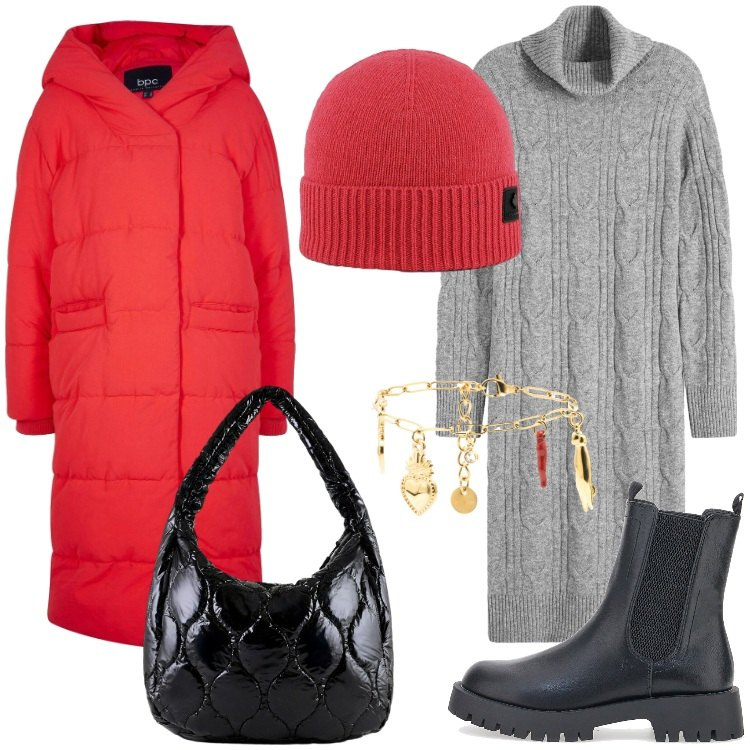 Outfit donna - Qualcosa di rosso - @danipoetessa73. Stile Basic per Tutti i giorni. Abbinamento con piumini, vestiti, braccialetti, berretti, borse tote, stivaletti chelsea.