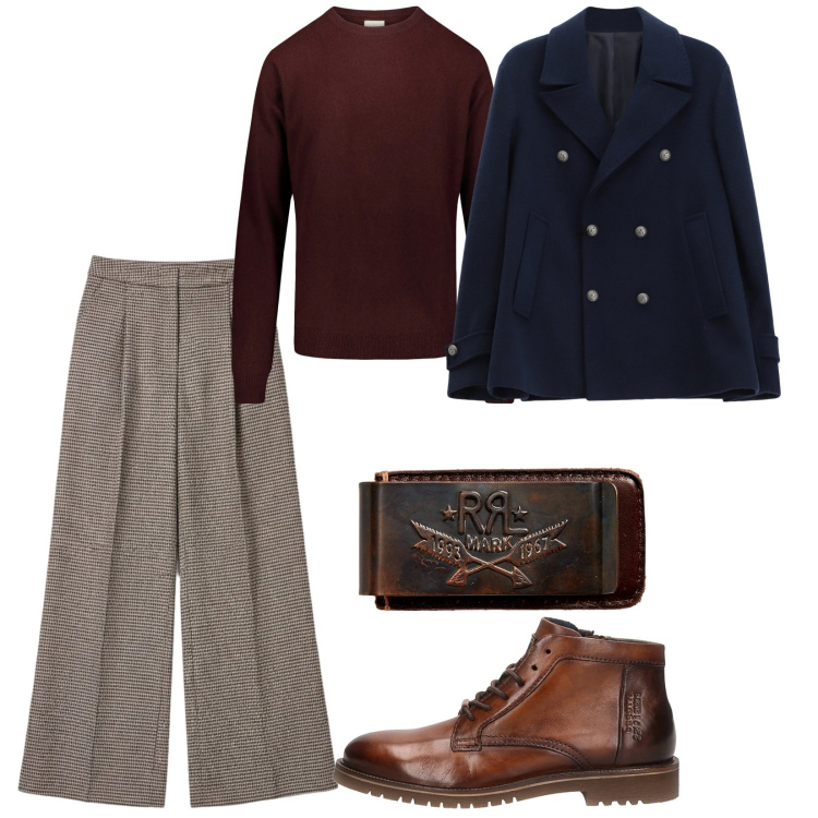 Outfit uomo - Urban style. per Tutti i giorni. Abbinamento con pantaloni a palazzo, cappotti, portafogli, maglieria, stivali e stivaletti.