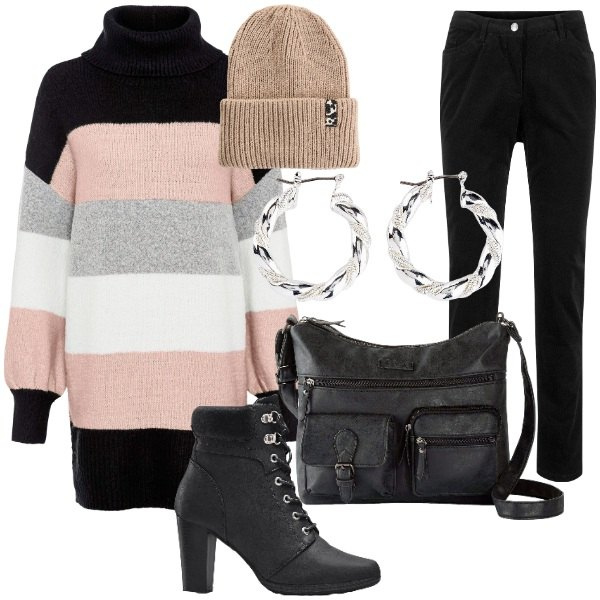 Outfit donna - Winter Looks XMas Mood. Stile Casual chic per Serata fuori. Abbinamento con pantaloni, stivaletti, orecchini, maglieria, borse a tracolla, berretti.