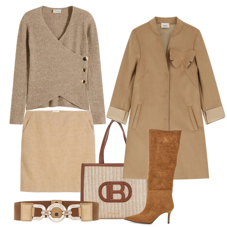 Outfit donna - Biscotto e cappuccino glam. Stile Glamour per Tutti i giorni. Abbinamento con maglieria, gonne, cinture, cappotti, borse a spalla, stivali.