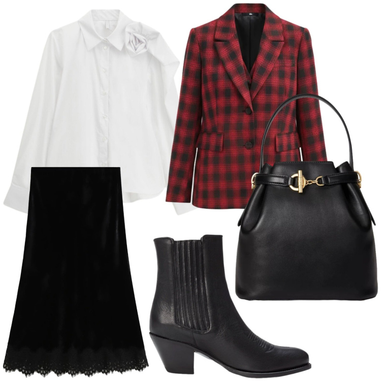 Outfit donna - Un outfit a quadretti scozzesi. Stile Glamour per Tutti i giorni. Abbinamento con blazer, camicie, gonne lunghe, stivaletti texani, borse a secchiello.