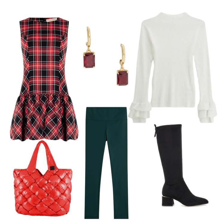 Outfit donna - Aspettando Natale.. Stile Chic per Tutti i giorni. Abbinamento con vestiti senza maniche, maglieria, leggings, orecchini, borse tote, stivali.