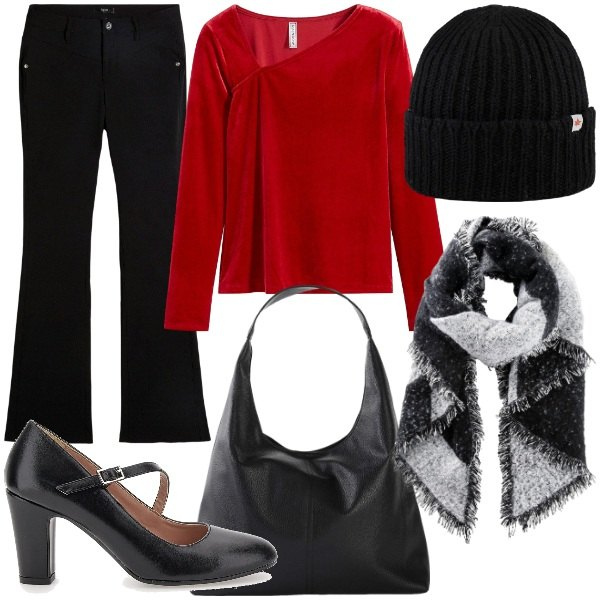 Outfit donna - Qualcosa di rosso. Stile Casual chic per Serata fuori. Abbinamento con pantaloni, sciarpe, shopping bag, maglieria, cappelli, décolleté.