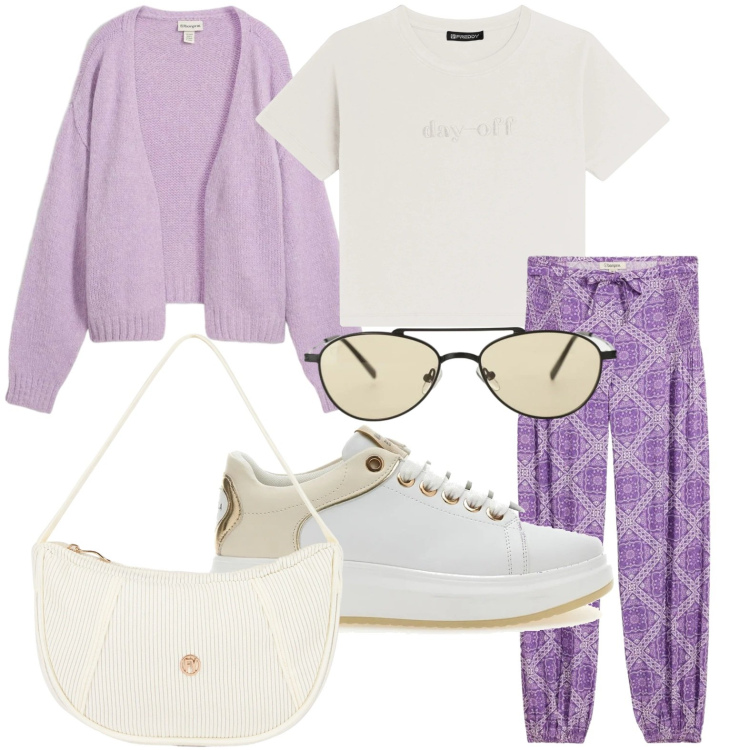 Outfit donna - Uscita informale. Stile Minimal per Tutti i giorni. Abbinamento con pantaloni, cardigans, occhiali da sole, t-shirt, borse a mano, sneakers.