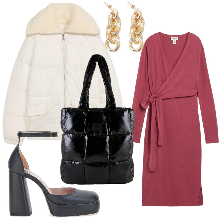 Outfit donna - L\'abito funzionale. Stile Casual per Ufficio. Abbinamento con vestiti, giacche, orecchini, shopping bag, scarpe col tacco.