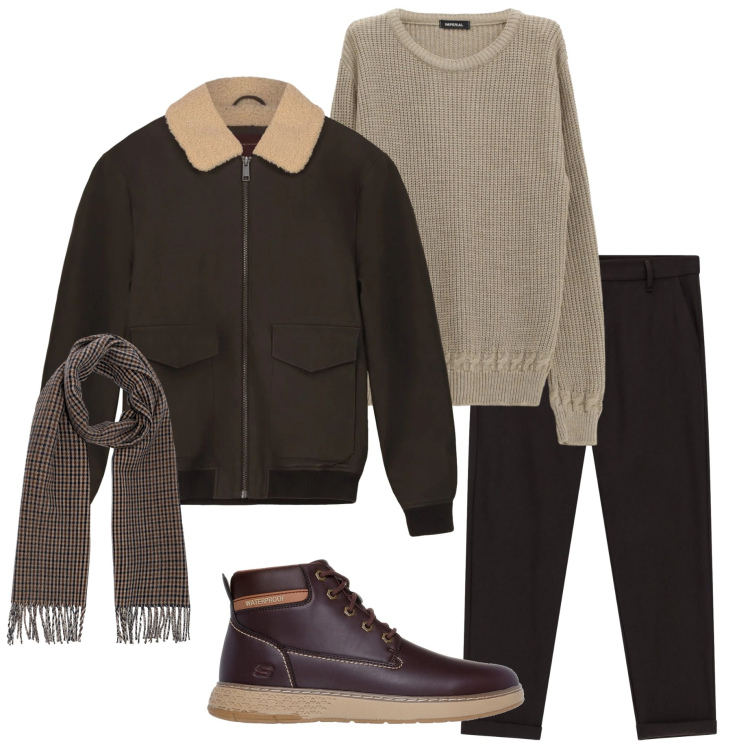 Outfit uomo - Dicembre. Stile Urban per Tutti i giorni. Abbinamento con pantaloni, maglieria, stivali e stivaletti, sciarpe, bomber.