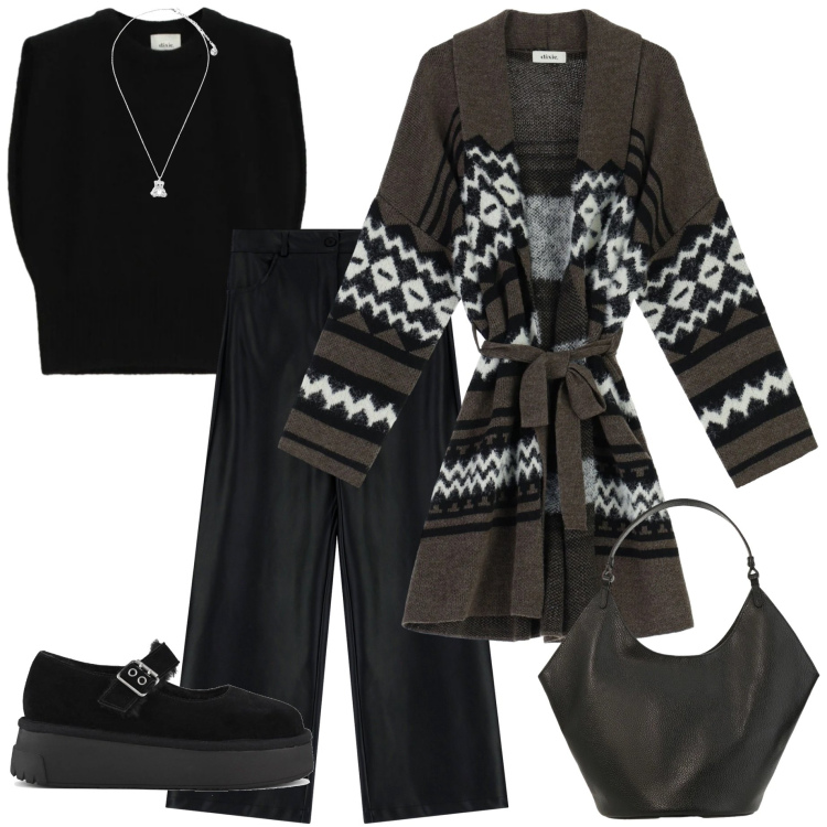 Outfit donna - Cappotto in maglia. Stile Casual chic per Ufficio. Abbinamento con ciondoli, cappotti, pantaloni a palazzo, maglieria, borse a spalla, décolleté.