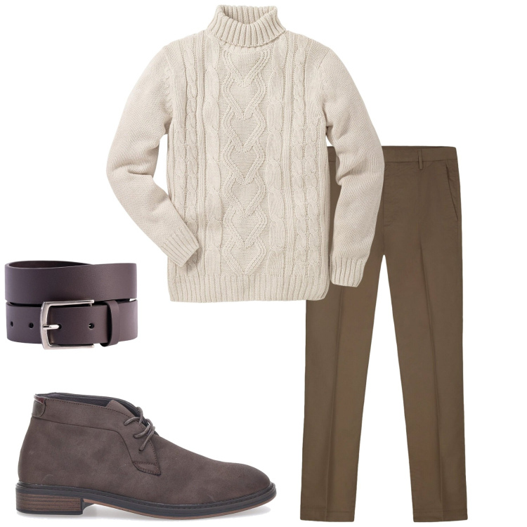 Outfit uomo - Maglione collo alto. Stile Urban per Tutti i giorni. Abbinamento con maglieria, scarpe stringate, pantaloni, cinture.