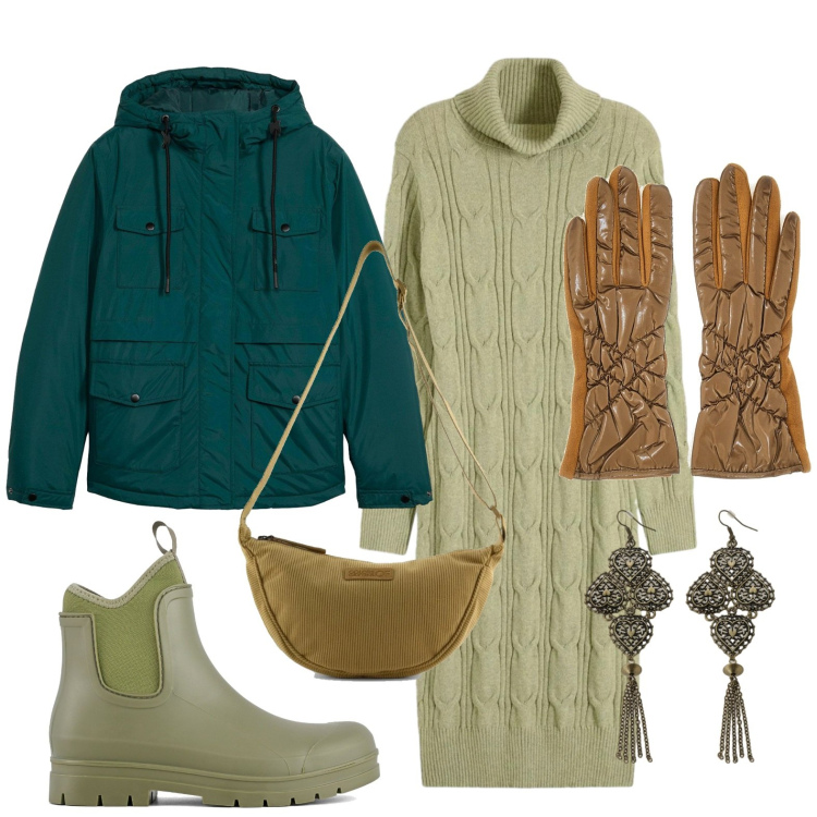 Outfit donna - Velvet Green. Stile Glamour per Tutti i giorni. Abbinamento con vestiti, blazer, orecchini, stivali, guanti, borse a tracolla.