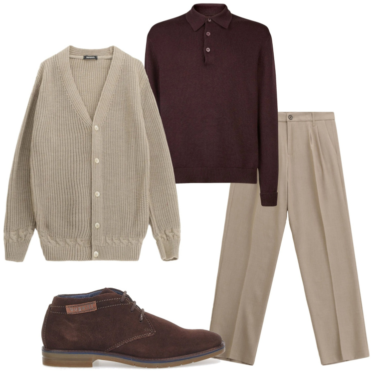 Outfit uomo - Serata con amici. Stile Casual per Serata speciale. Abbinamento con pantaloni, cardigans, scarpe stringate, polo.