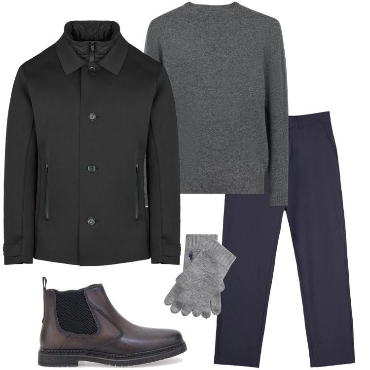 Outfit uomo - In città. Stile Urban per Tutti i giorni. Abbinamento con guanti, pantaloni chino, giacche, stivali e stivaletti, maglieria.