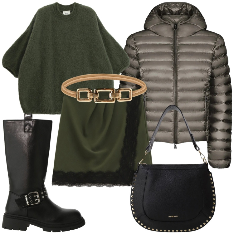 Outfit donna - Velvet Green. Stile Urban per Serata fuori. Abbinamento con cinture, borse a spalla, stivali, minigonne, maglieria, bomber.