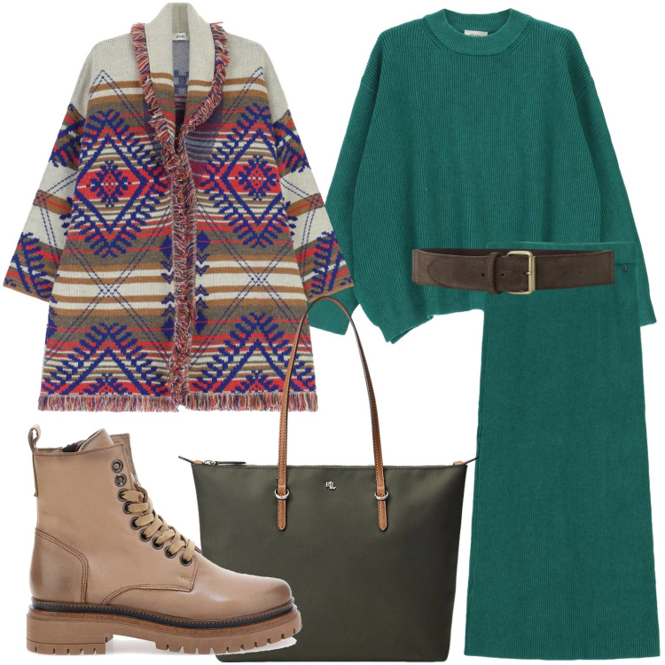 Outfit donna - Stile unico. Stile Casual per Tutti i giorni. Abbinamento con gonne lunghe, cappotti, cinture, maglieria, borse tote, anfibi.