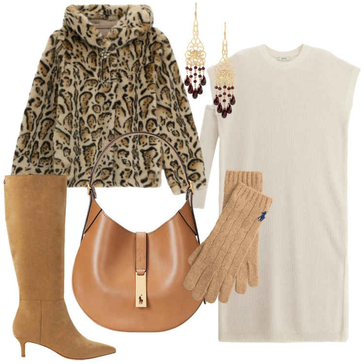 Outfit donna - Giornata in ufficio. Stile Casual per Ufficio. Abbinamento con ecopellicce, vestiti midi/longuette, borse a spalla, stivali, orecchini, guanti.