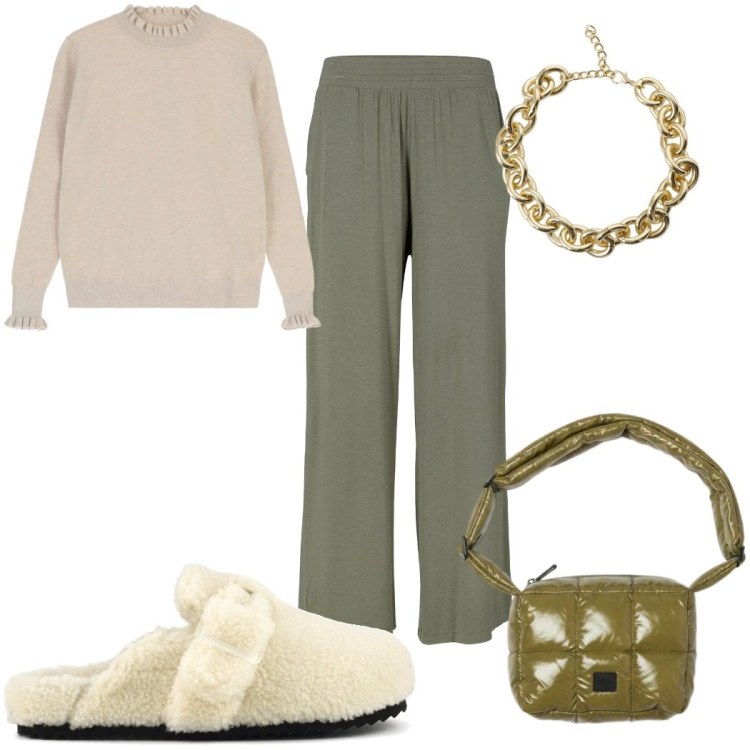 Outfit donna - Velvet Green : i pantaloni. Stile Trendy per Tutti i giorni. Abbinamento con pantaloni, collane, maglieria, borse a spalla, sabot.